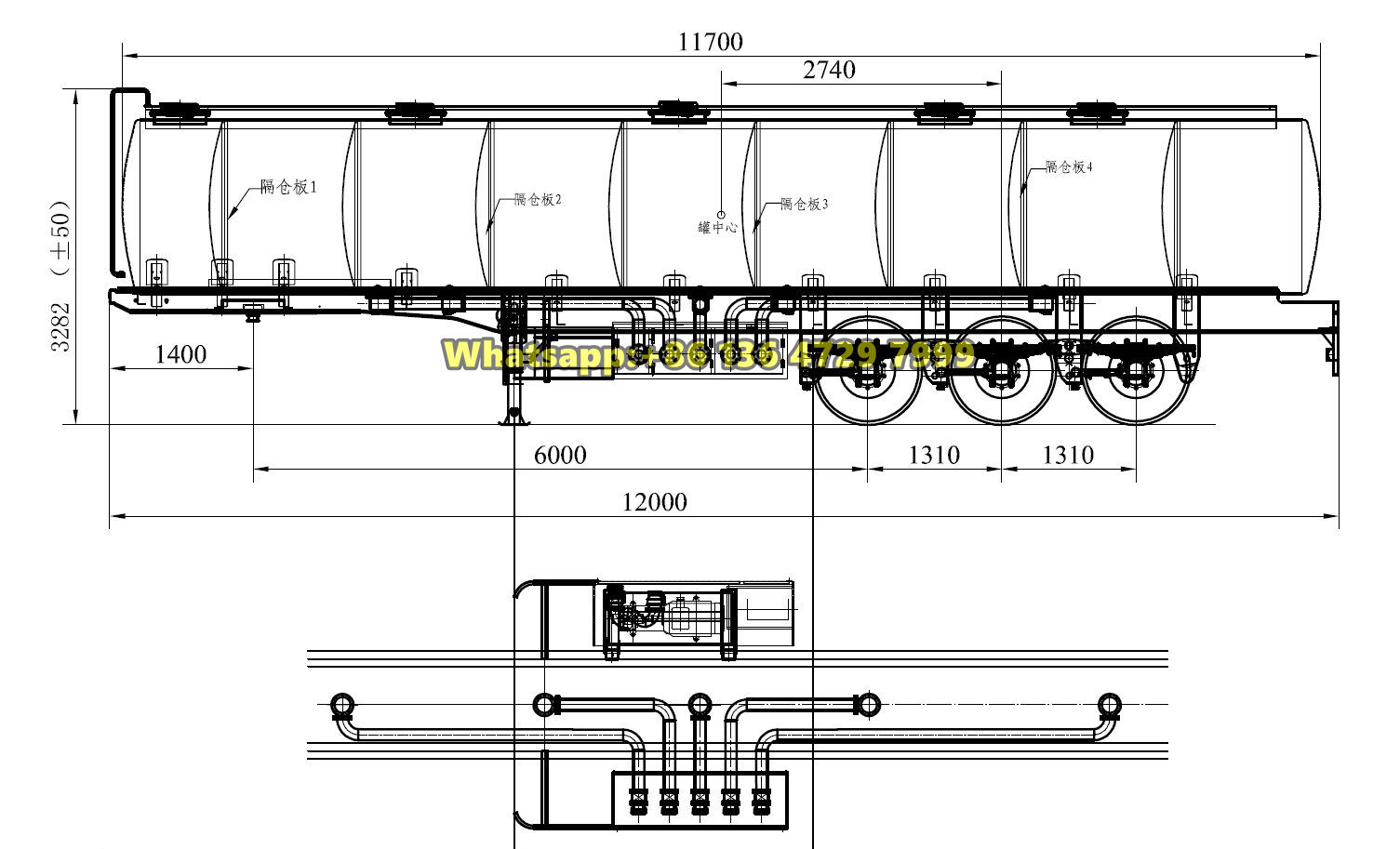 Tri-axle fuel tanker semi-trailer drawing
